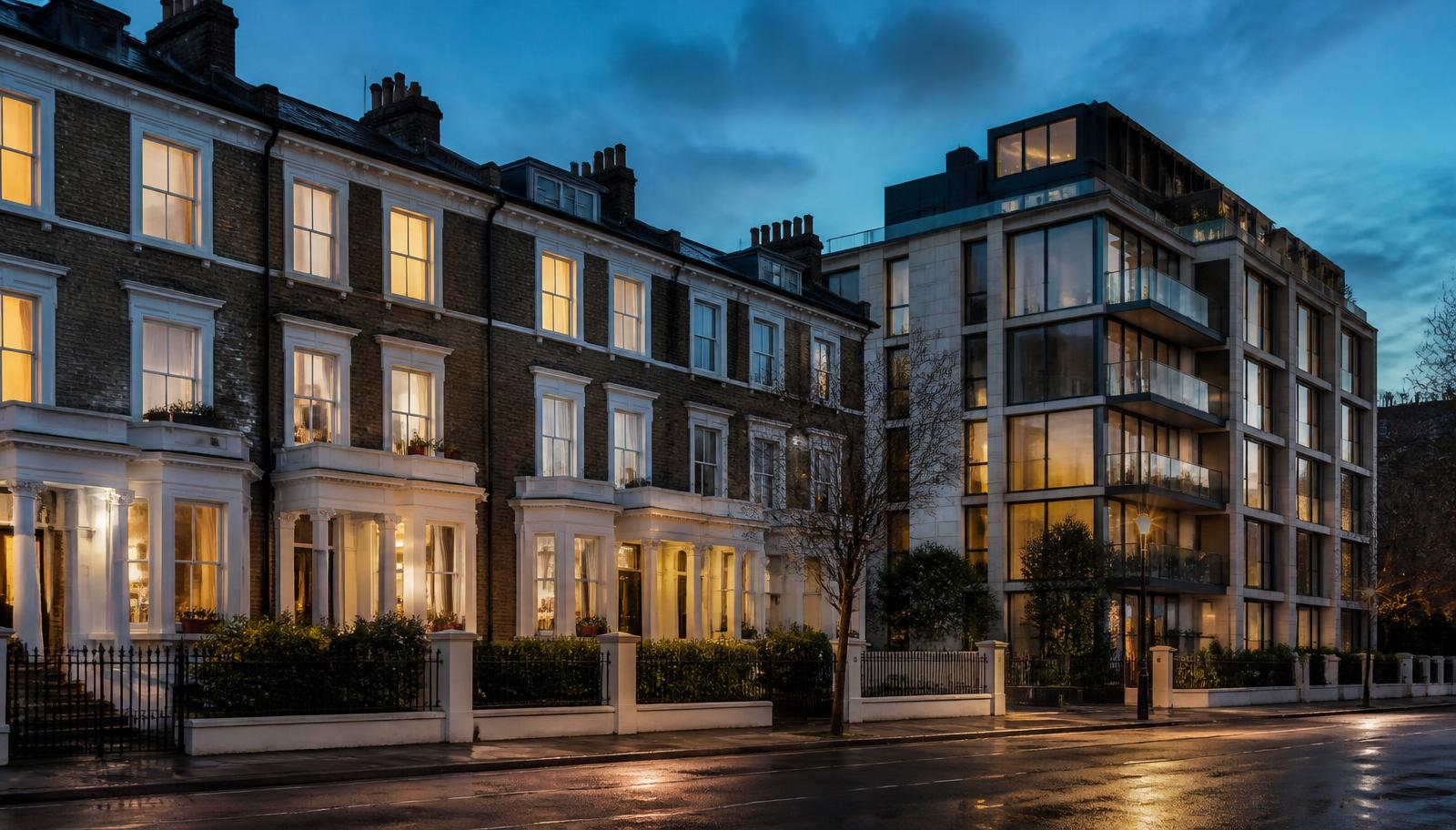 UK residential street at dusk with terraced houses and a modern apartment block